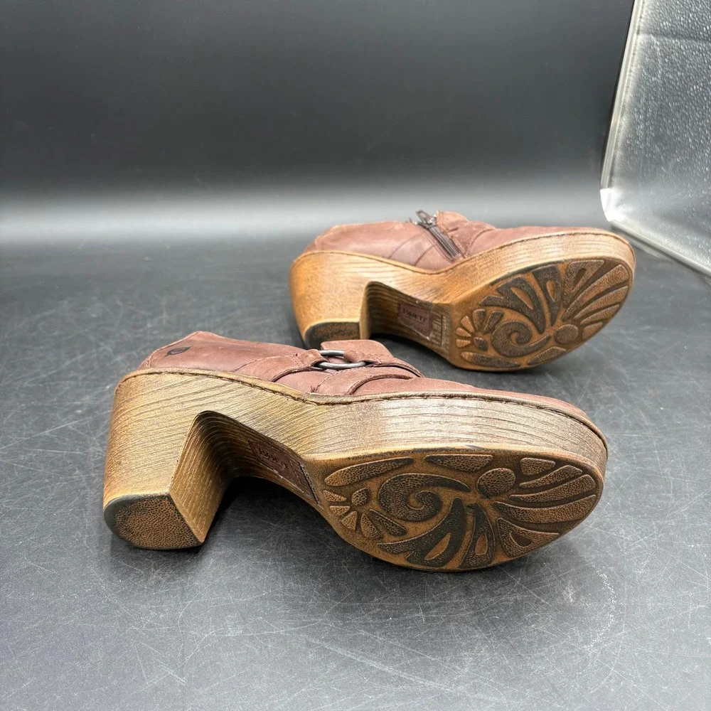 Born Brown Leather Platform Block Heel Booties Womens 10, Boho, Western Style
